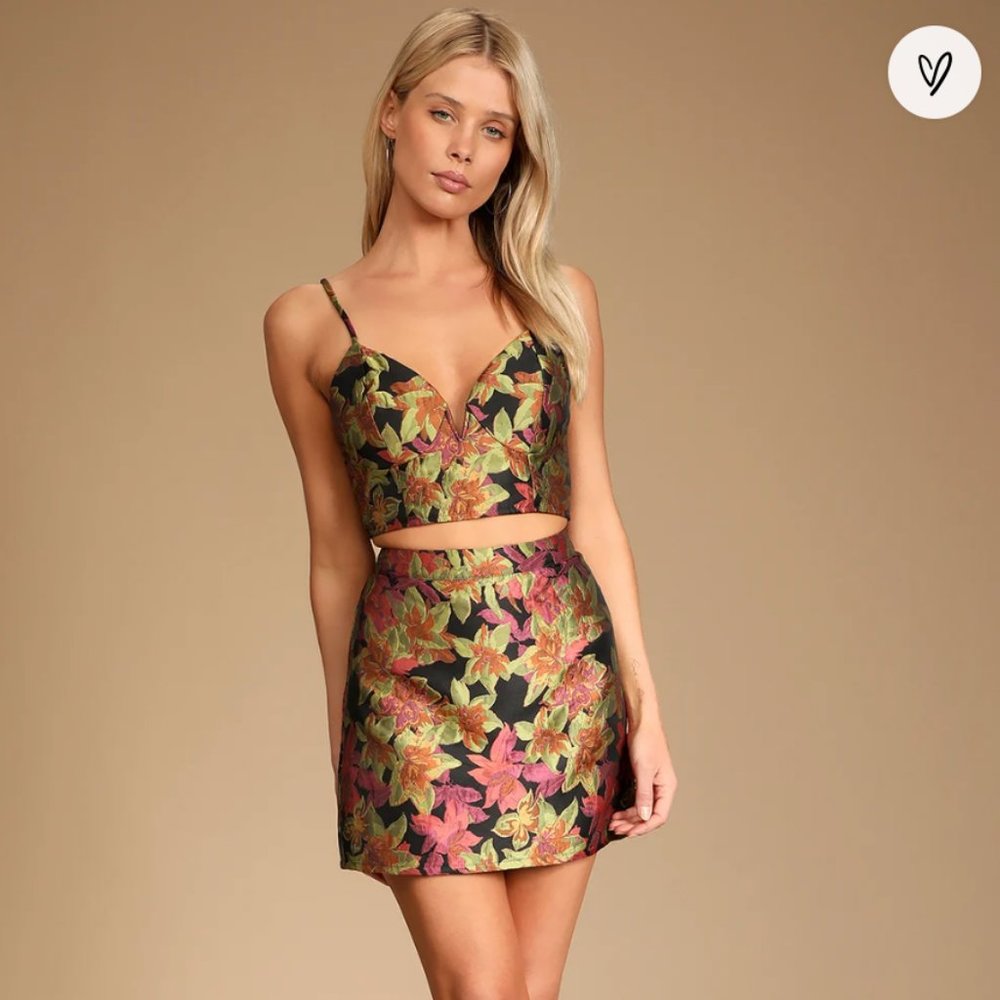 NWT Lulus Island Nights Green Multi Floral Jacquard Two-Piece Mini Dress